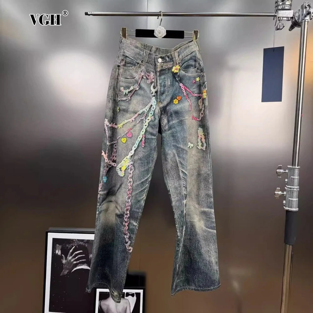 VGH Spliced Colorful Beading Chain Jeans for Women High Waist Patchwork Distressed American Retro Spring Trousers Female Style