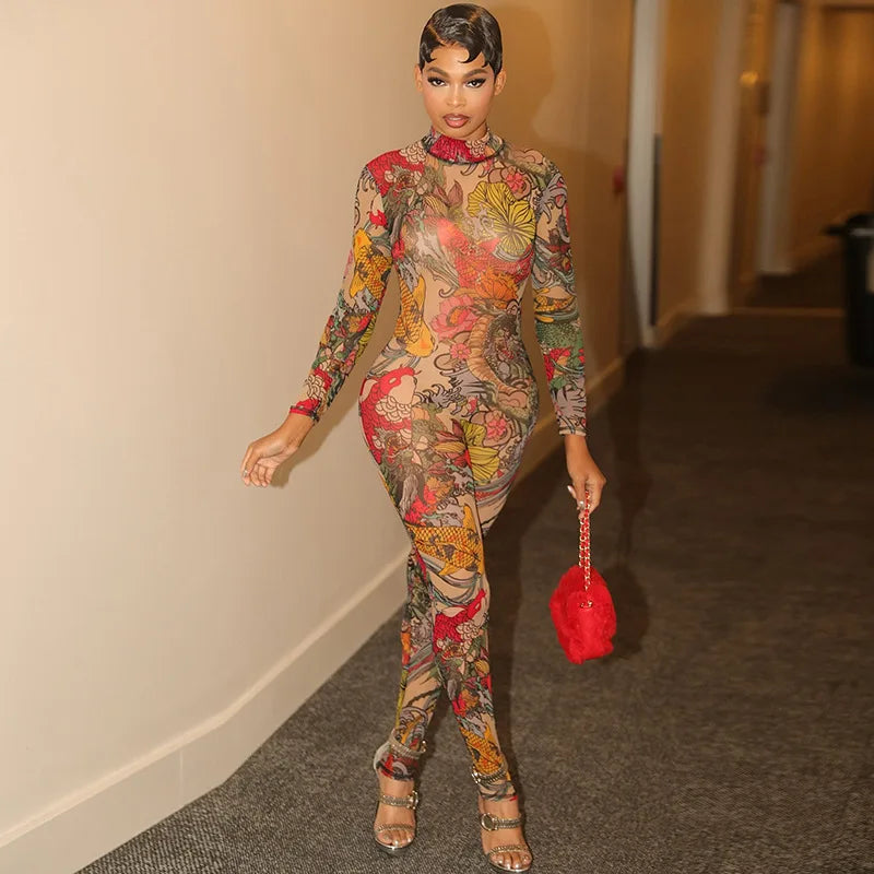 Joskaa Colorful Print Mesh Backless Jumpsuit Women Sexy See Through Full Sleeve Skinny Overalls 2025 Coquette Midnight Clubwear
