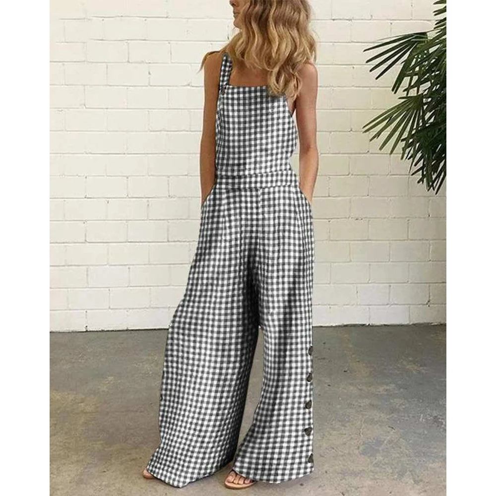Women All Over Plaid Print Suspender Jumpsuit Summer Buttoned Wide Leg Elegant Jumpsuit Casual One Piece Party Overalls Clothing