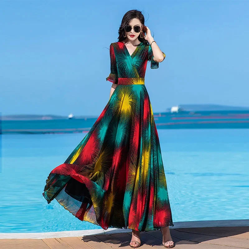 Floral Dress 4XL Women's 2025 Summer Chiffon V-Neck Dress High end Style Celebrity Splice A-line Skirt for Women Elegant Mujer