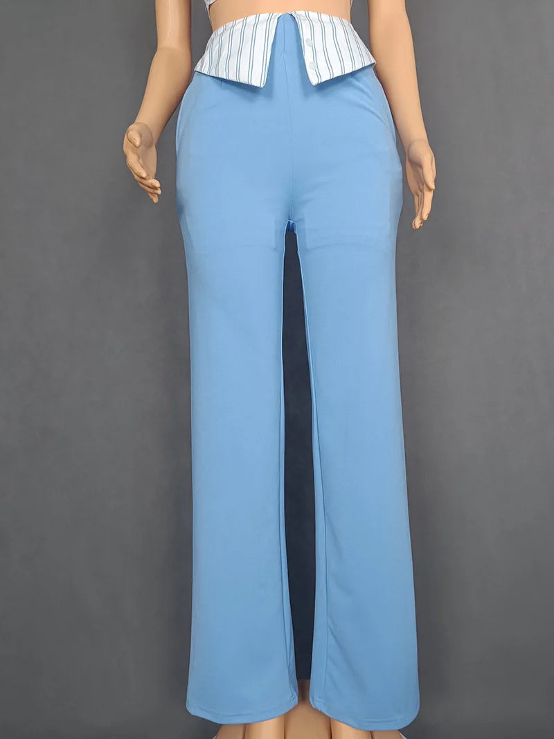 CM.YAYA Fashion Women's Set Striped Strap Floral Applique Crop Top and Wide Leg Pants Suit 2025 Two 2Piece Sets Outfit Tracksuit