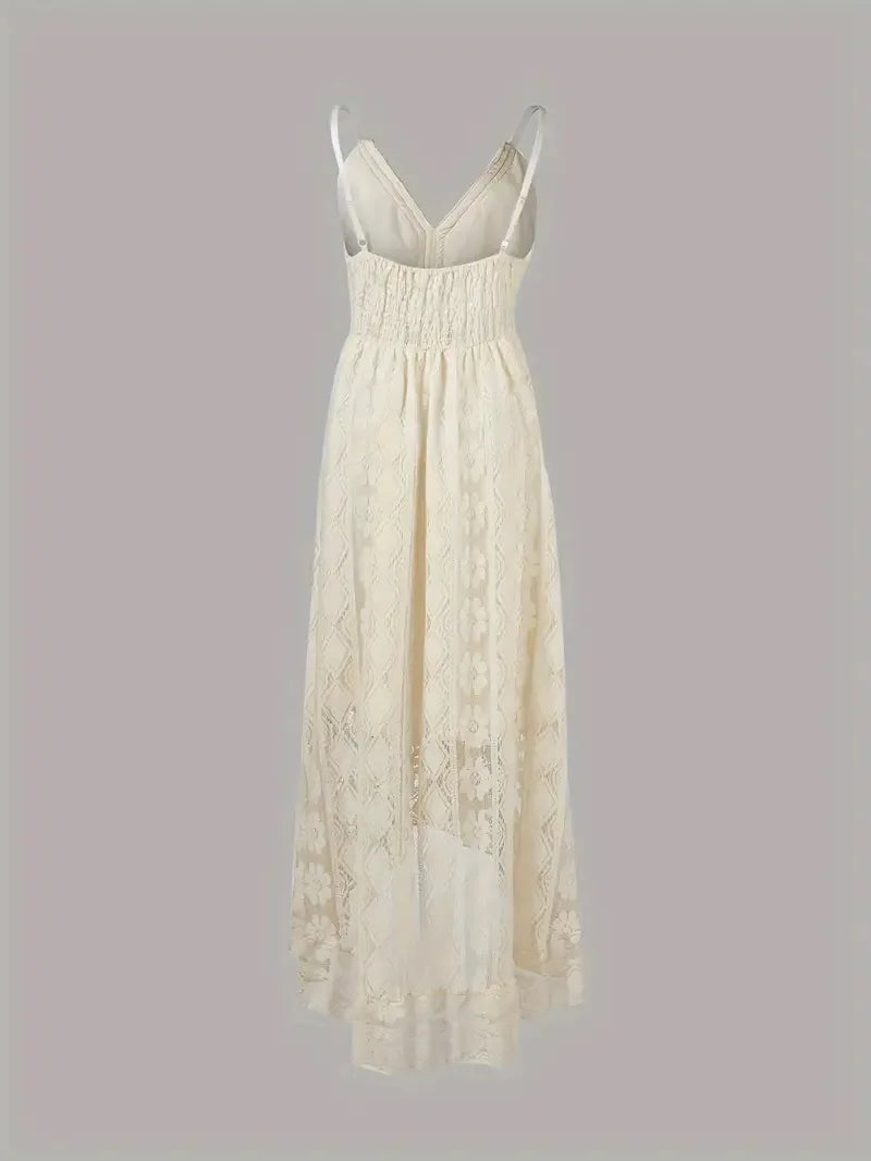 Summer Women Lace Strapless Flared Maxi Dress Solid White Long Dress Sleeveless V Neck Flowy Ruffle Bohemian Dresses