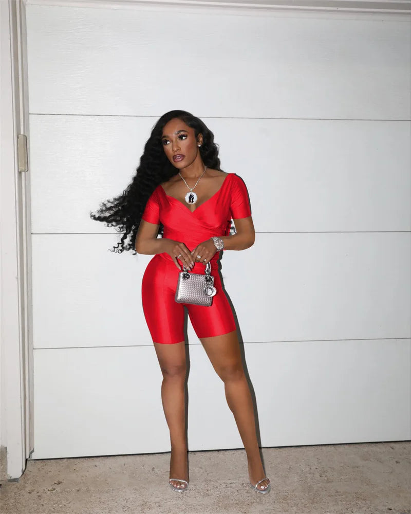 Black Red 2 Piece Set Women Outfit Party Night Club Ruched Stretchy V-neck Short Sleeve Top and Shorts New in Matching Sets