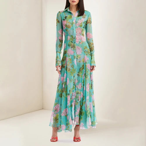 French Romantic Dress 2023 Spring New High-End Temperament Printed Single-Breasted Dress Vacation Style Feminine Long Dress