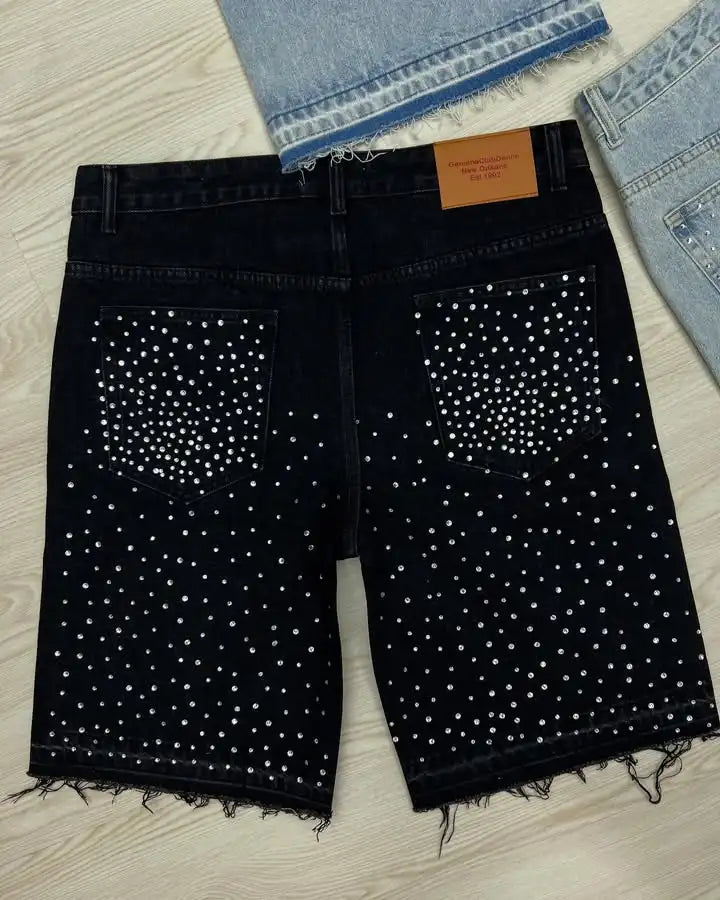 Streetwear Vintage Cross Rhinestone Sequin Denim Shorts Y2K Mens Womens Vintage Washed Baggy Casual Shorts Over The Knee Pants