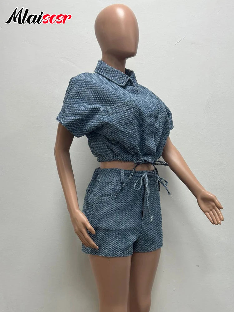 Mlaiscsr Fashion Blue Denim Splicing Shorts 2 Piece Sets Women Short Sleeve Crop Jacket and Short Pants Casual Streetwear Outfit