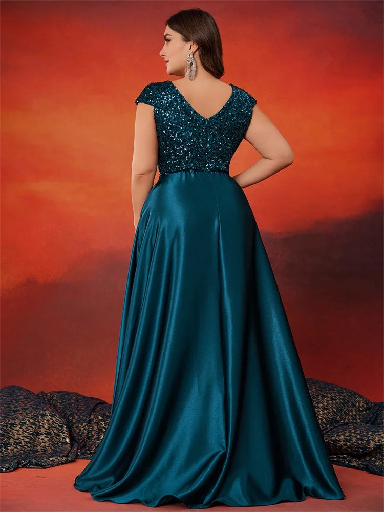 Plus Size Elegant V-Neck Green Sequin Evening Dress Long Luxury Women Satin Short Sleeves Party Prom Cocktail Dress