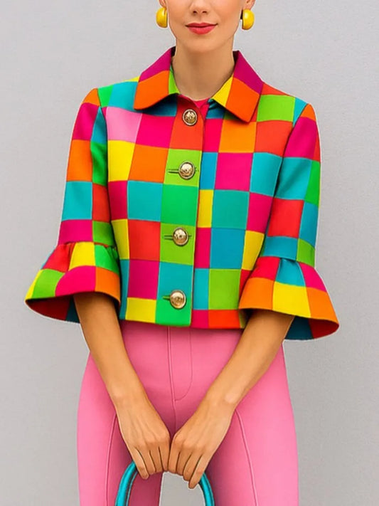 Beautyblue 2025 New Elegant MultiColored Plaid Lapel Jackets Vintage Women Buttoned Outerwear Casual Flared Sleeves Short Jacket