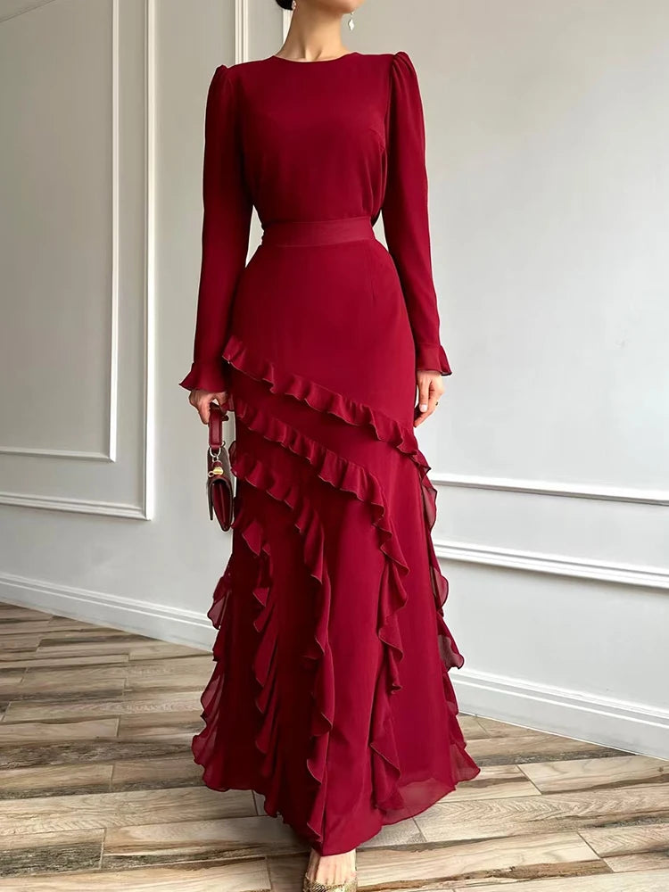 2025 Spring Fall Solid 2pc Set Elegant Slim Design Suit Banquets Fashion Women's O Neck Long Sleeved Top + Ruffled Skirt Outfit