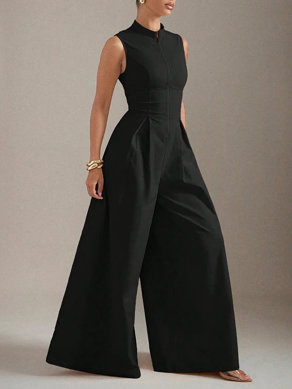 Beautyblue Female Jumpsuit V-neck Wide-leg Overalls Fashion Sleeveless Zipper Brown Formal Clothes Women's One-piece Jumpsuits