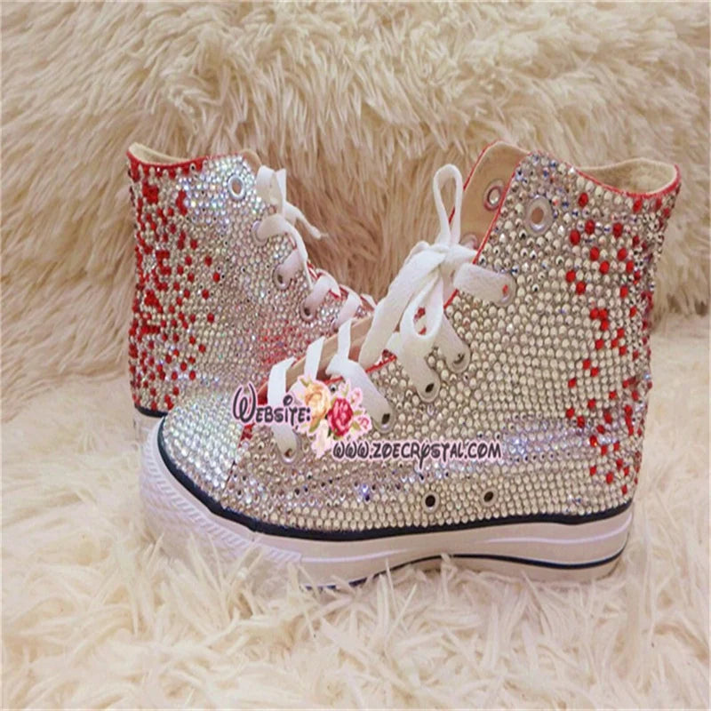 Red Rhinestone Lace Up High Top Canvas Shoes for Women