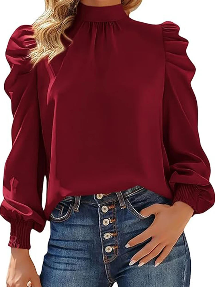 Women's Satin Puff Sleeves Elegant Retro Charm Commuter Style Long-Sleeved Turtleneck Skin-Friendly Fabric Casual Shirt