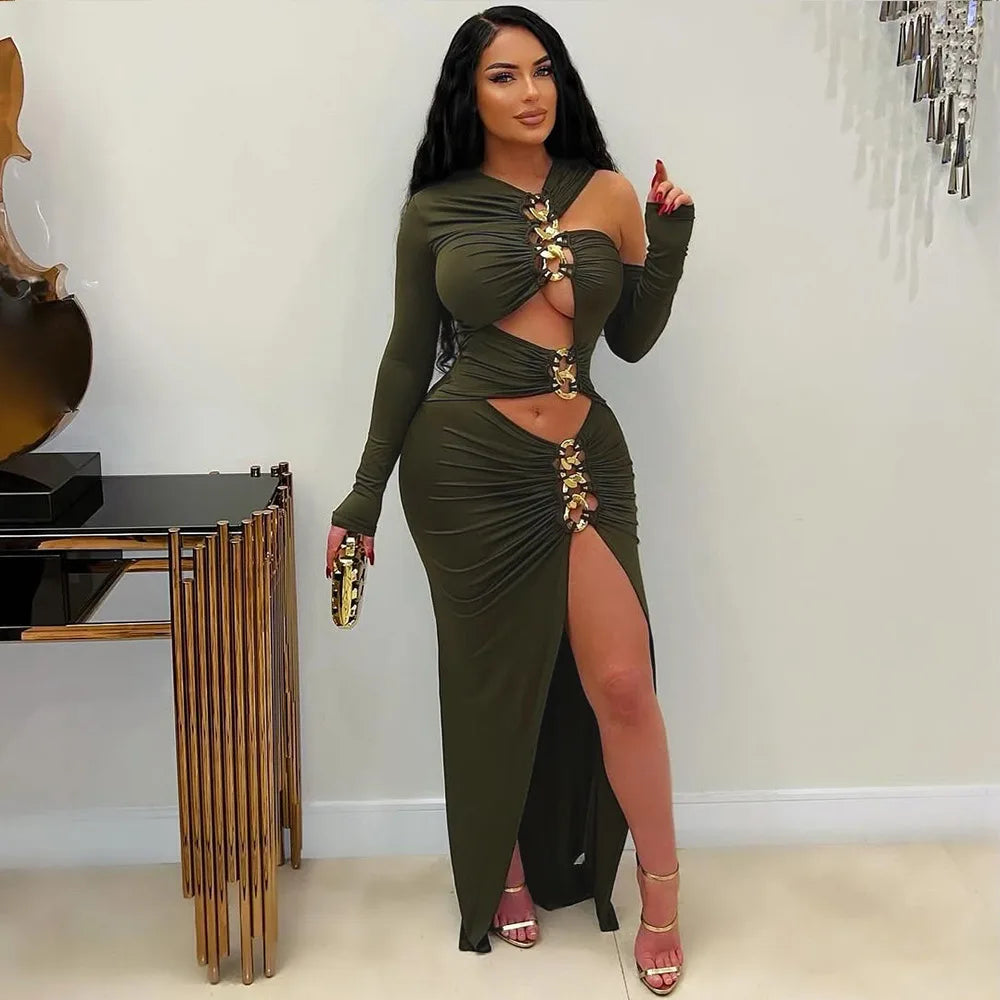 Joskaa Elegant Metal Decoration Hollow Birthday Dress Woman Sexy Irregular Full Sleeve High Split Maxi Dresses 2025 Clubwear