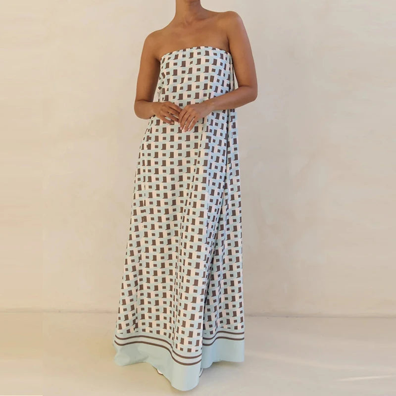 Casual Off Shoulder High Waist Loose Long Dress Backless Printed Holiday Women Dresses Summer Sexy Strapless Pleated Beach Dress