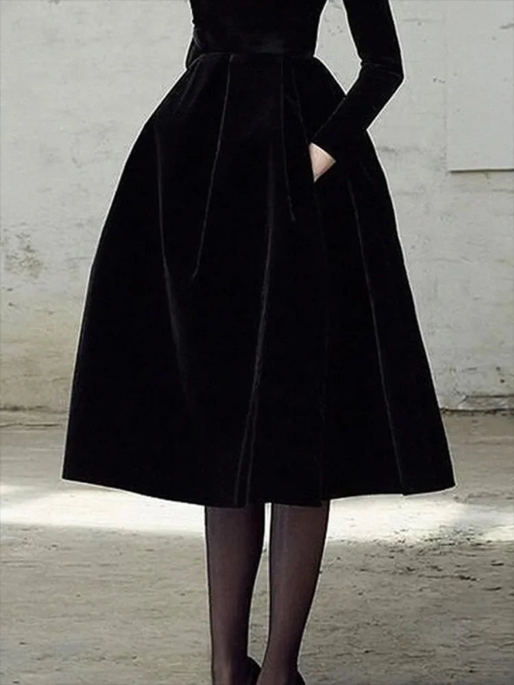 Beautyblue Womens Evening Dresses High Neck Midi Dress New Black Long Sleeves Elegant Party Dress for Female Casual Gathering