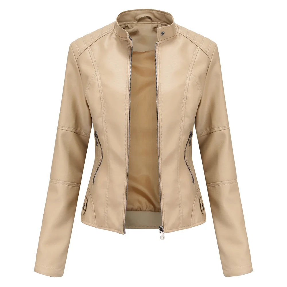 Women Leather Jacket 2025 Spring Autumn Black PU Leather Coat Stand-up Collar Motor Biker Jacket
