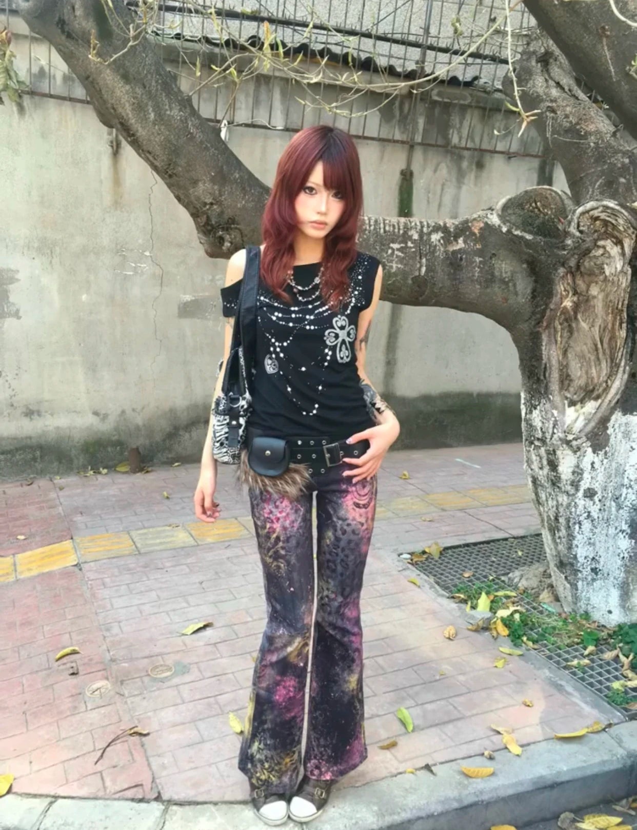 Karrram Japanese Y2k Off Shoulder T-shirt Grunge Aesthetics Rhinestones Print T Shirt Trashy 2000s Style Tops Vintage Harajuku