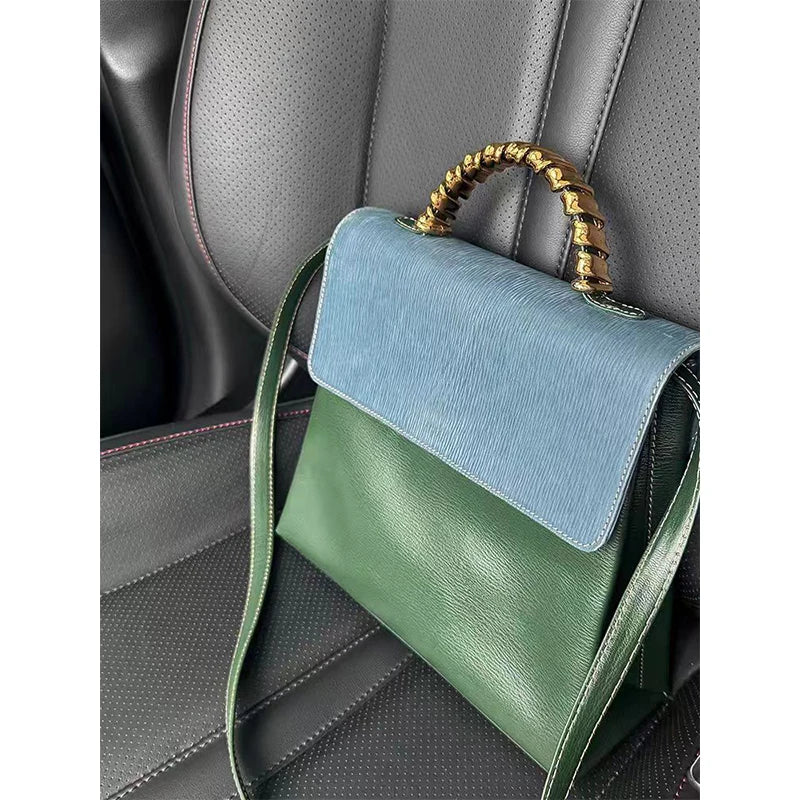 Brand Designer Small Square Bag Elegant Blue Green Stitching Fashion Trend Personality Texture Shoulder Bag Pu Leather Handbag