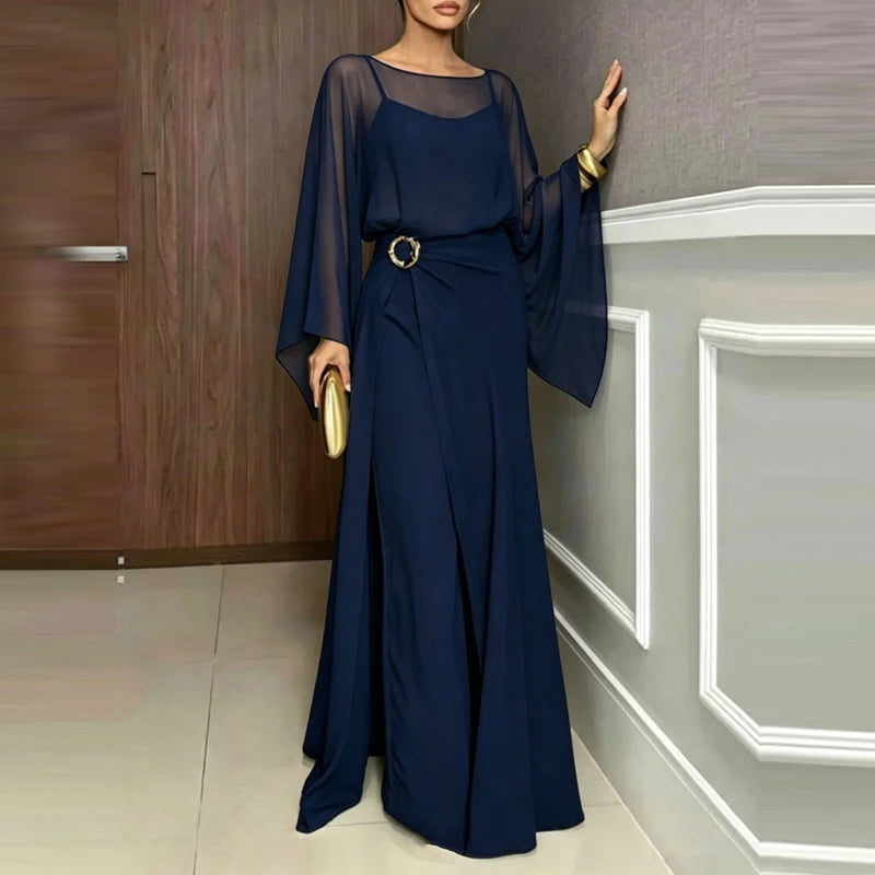 Elegant O-neck Cover Up Playsuit Match Off Shoulder Romper Women Fashion Chiffon Overalls Long Sleeve Solid Wide Legger Jumpsuit