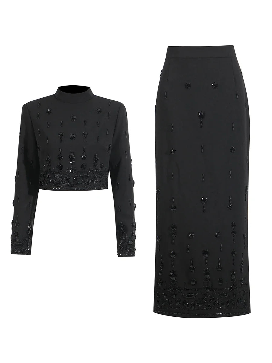 TWOTWINSTYLE High Street Two Piece Set For Women Stand Collar Long Sleeve Spliced Zipper Tops A Line Skirt Set Female KSE504167