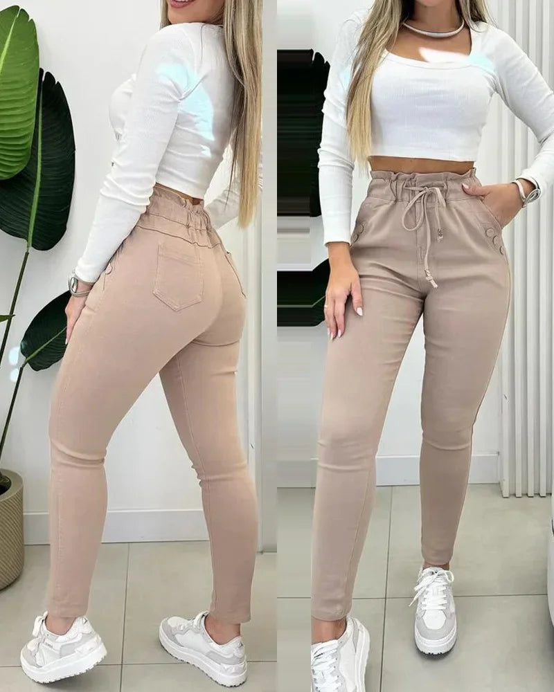 Casual Skinny Pants Women Fashion Drawstring Waist Button Decor Lined High Waist Pocket Daily Trousers Y2k 2024 Spring Autumn