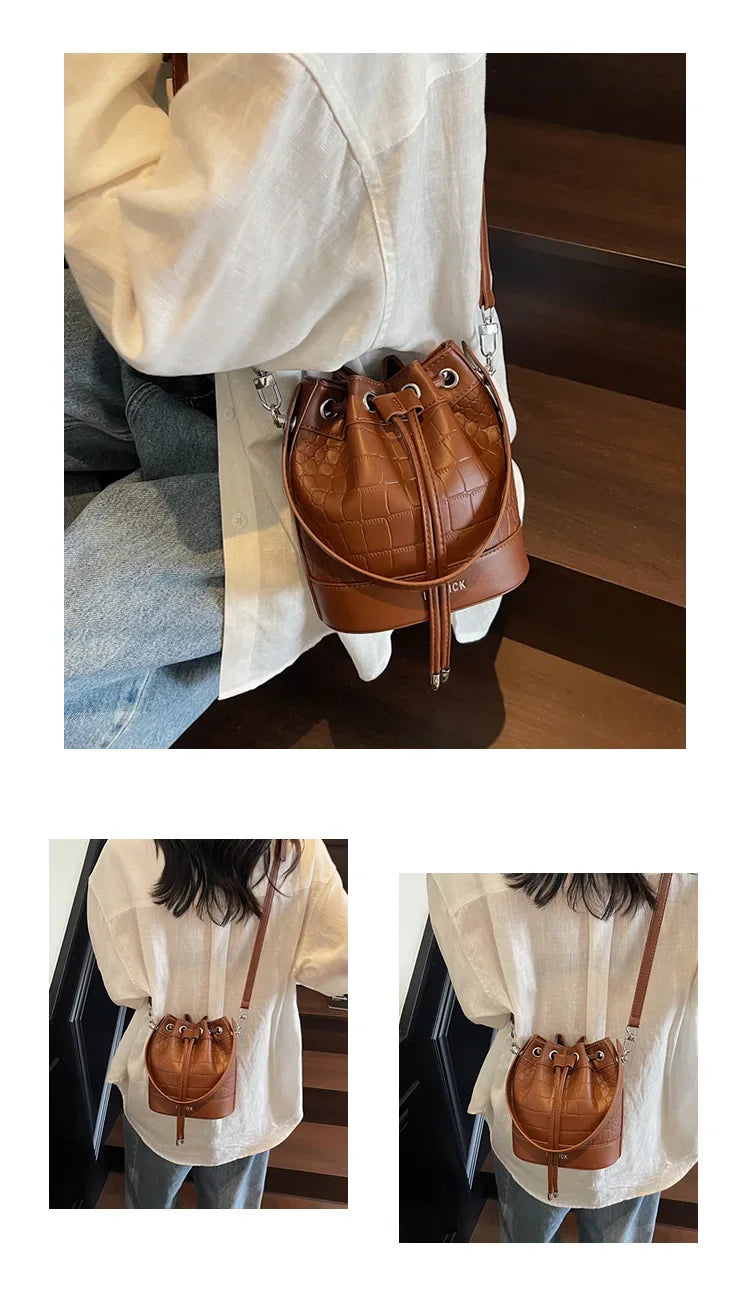2025 New Trendy Women's Drawstring Tote Bag - Vintage Stone Texture Crossbody Satchel with Retro Minimalist Design