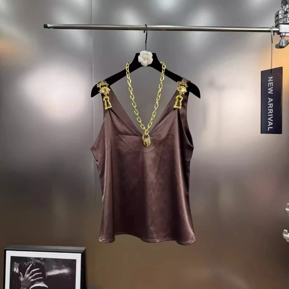 VGH Solid Color Spliced Metal Chain Basics Vest for Women V Neck Sleeveless American Streerwear Tank Tops Female Fashion Style