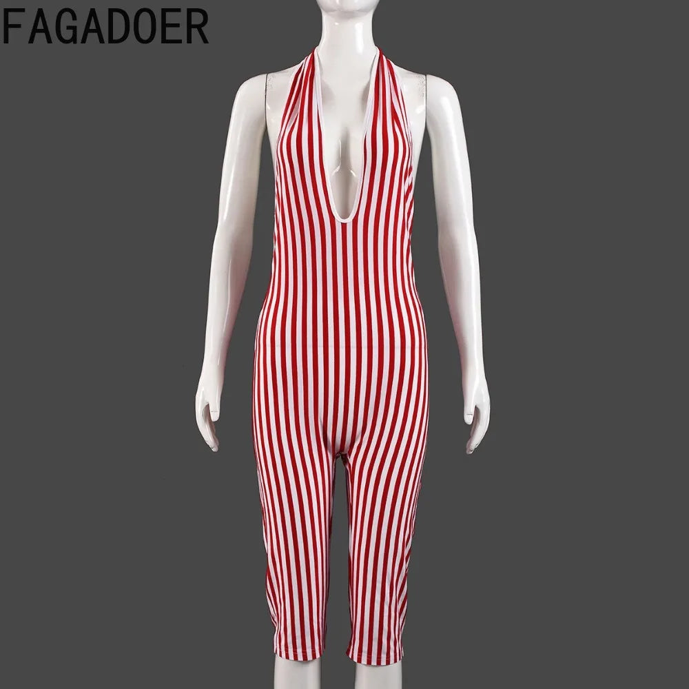 FAGADOER Casual Striped Patchwork Bodycon Romper Women Red Halter Deep V-neck Backless Jumpsuit Female Streetwear Overalls New