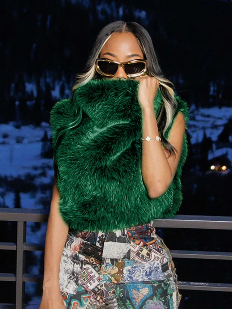 Weird Puss Turtleneck Furry Tank Tops Women Y2K Sexy Side Split Chic Fall Trend Midnight Basic Street Furs Hipster Clubwear Vest