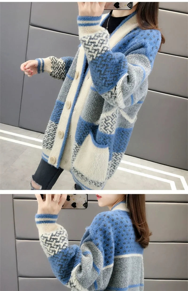 Mink Velvet Knitted Cardigan Jacket Women's 2022 New Loose Ladies Sweater Outerwear Spring And Autumn All-Match Button Jacket