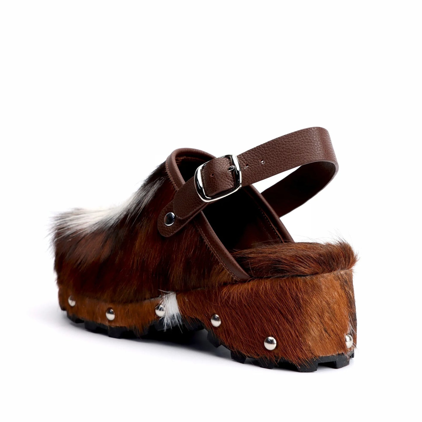 Women's Platform Fur Clogs with Arch Support, Adjustable Strap, Natural Calf Hair Mules,Studded Cowboy Style Vintage Sandals