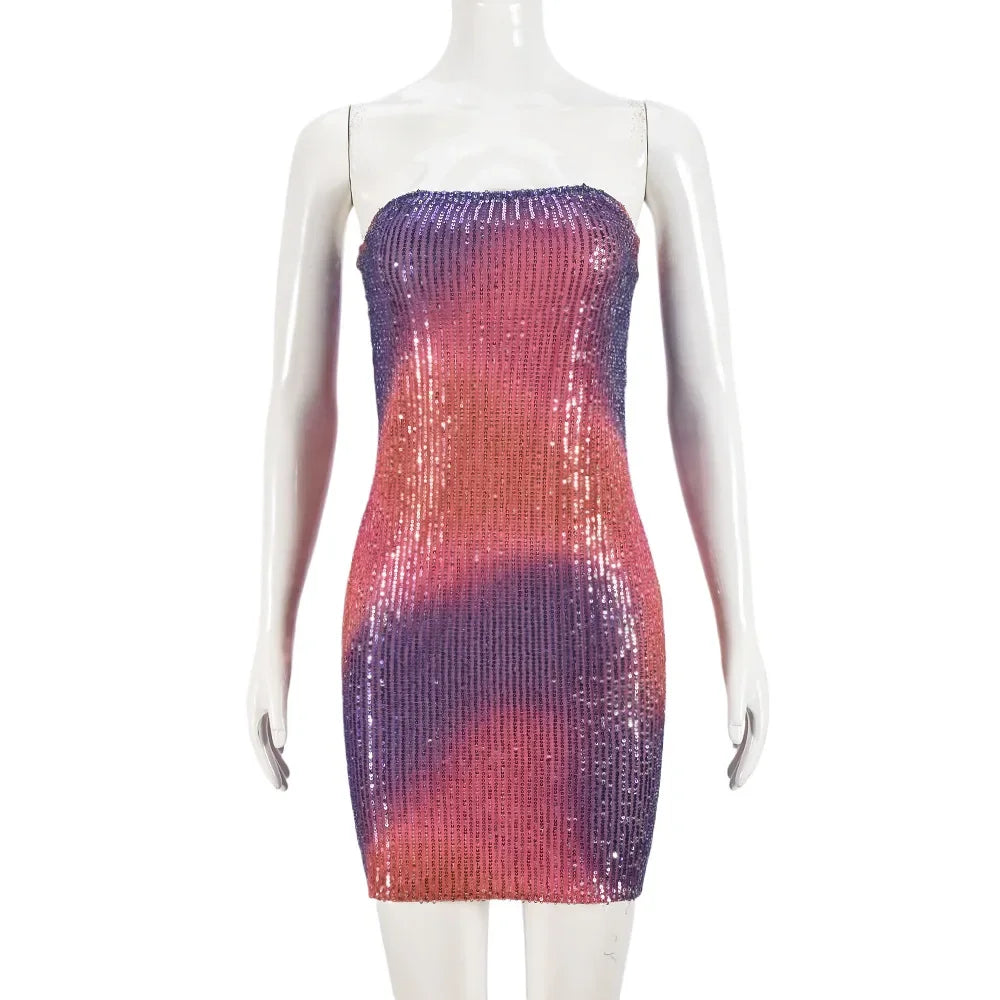 Mini Dress for Women Fashion Sexy Spicy Girl Strapless Sleeveless Hollowed Out Backless Party Sequin Dresses 2025 Summer New