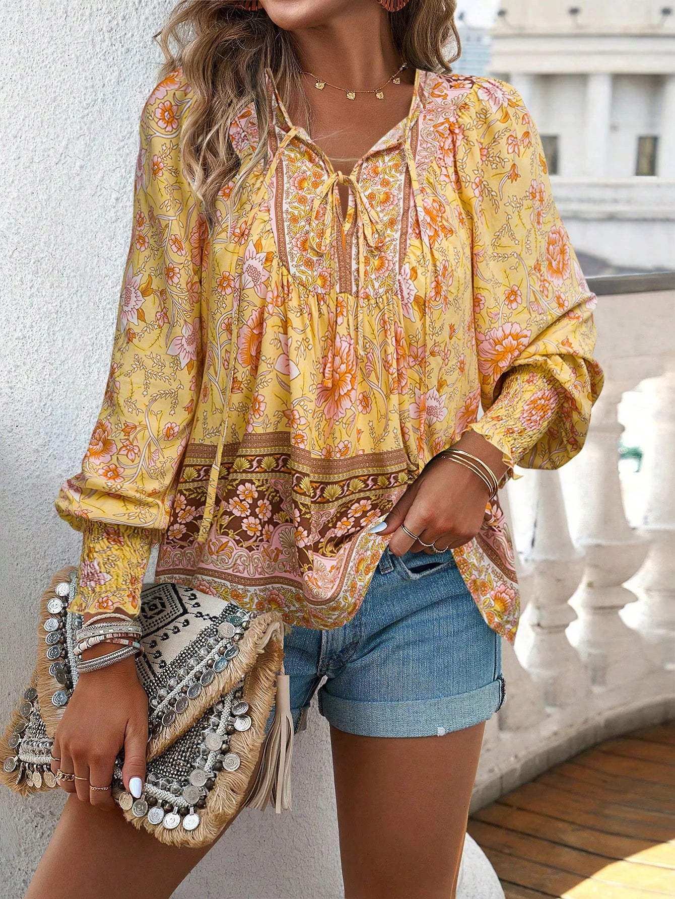 2025 Spring Summer Printed Shirt Women Elegant Chiffon V-neck Long-sleeve Top