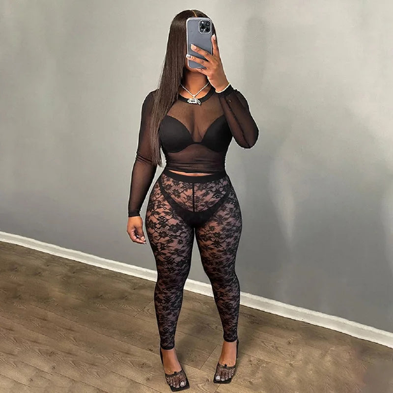 FAGADOER Sexy Mesh Leggings Pants Women Black See Through Hollow Out Skinny Lace Pants Female Party Club Streetwear 2025 New