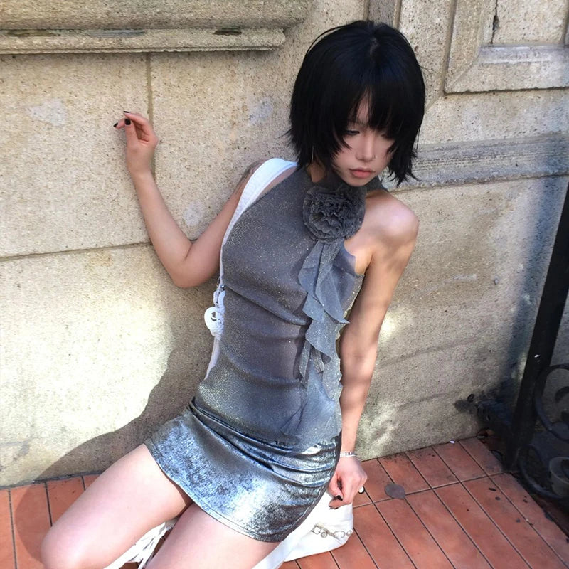 Karrram Japanese Y2k Mesh Tank Top Trashy 2000s Style Sleeveless Tops Vintage Harajuku Flower Irregular Tanktop Fairy Aesthetics