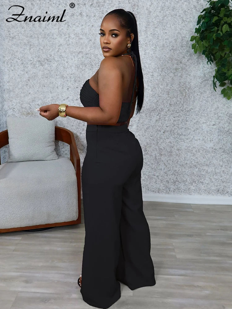 Znaiml Halter Sleeveless Ruched Crop Top and Wide Leg Pants 2 Piece Sets Woman Summer Sexy Beach Paarty Night Club Outfit 2025