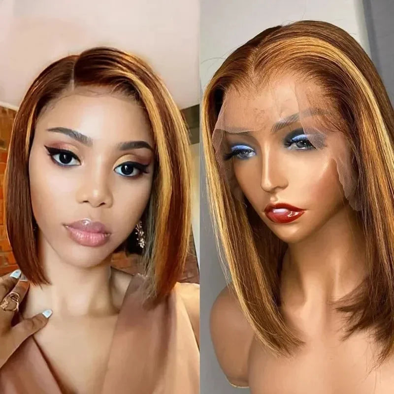 200% Density Short Bob Wigs Highlight Straight Lace Front Wigs Blonde 13x4 Transparent Lace Front Wig 100% Human Hair 427#16Inc