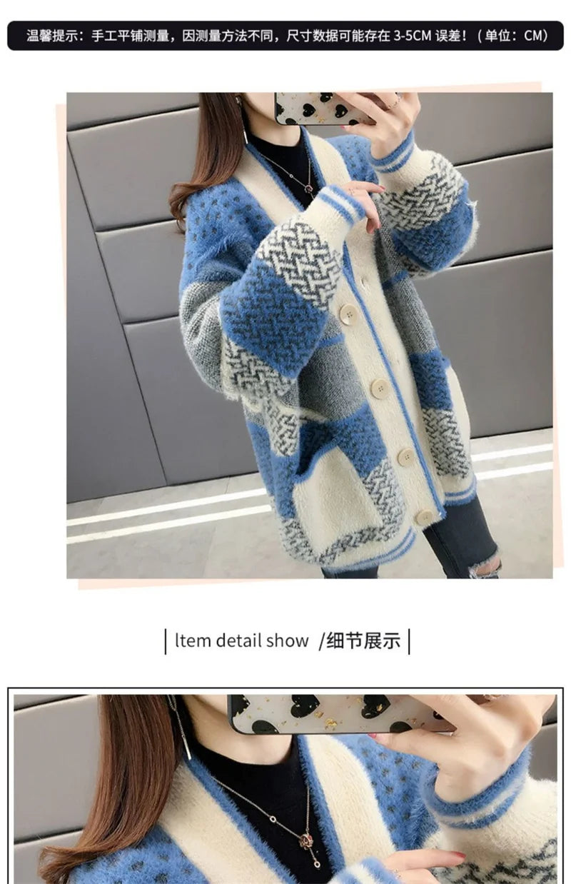 Mink Velvet Knitted Cardigan Jacket Women's 2022 New Loose Ladies Sweater Outerwear Spring And Autumn All-Match Button Jacket