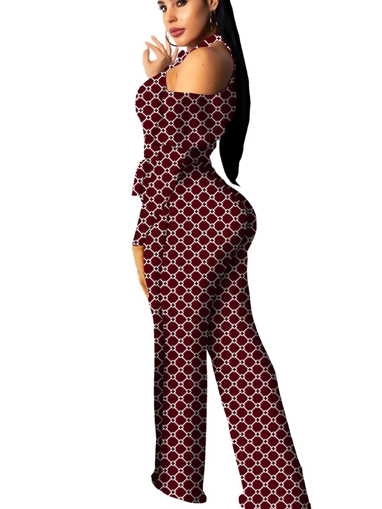 Plaid Print Rompers Womens Jumpsuit Off Shoulder Ruffles Long Sleeve Bandage Overall Elegant Belted Plus Size Wide Leg Bodysuit