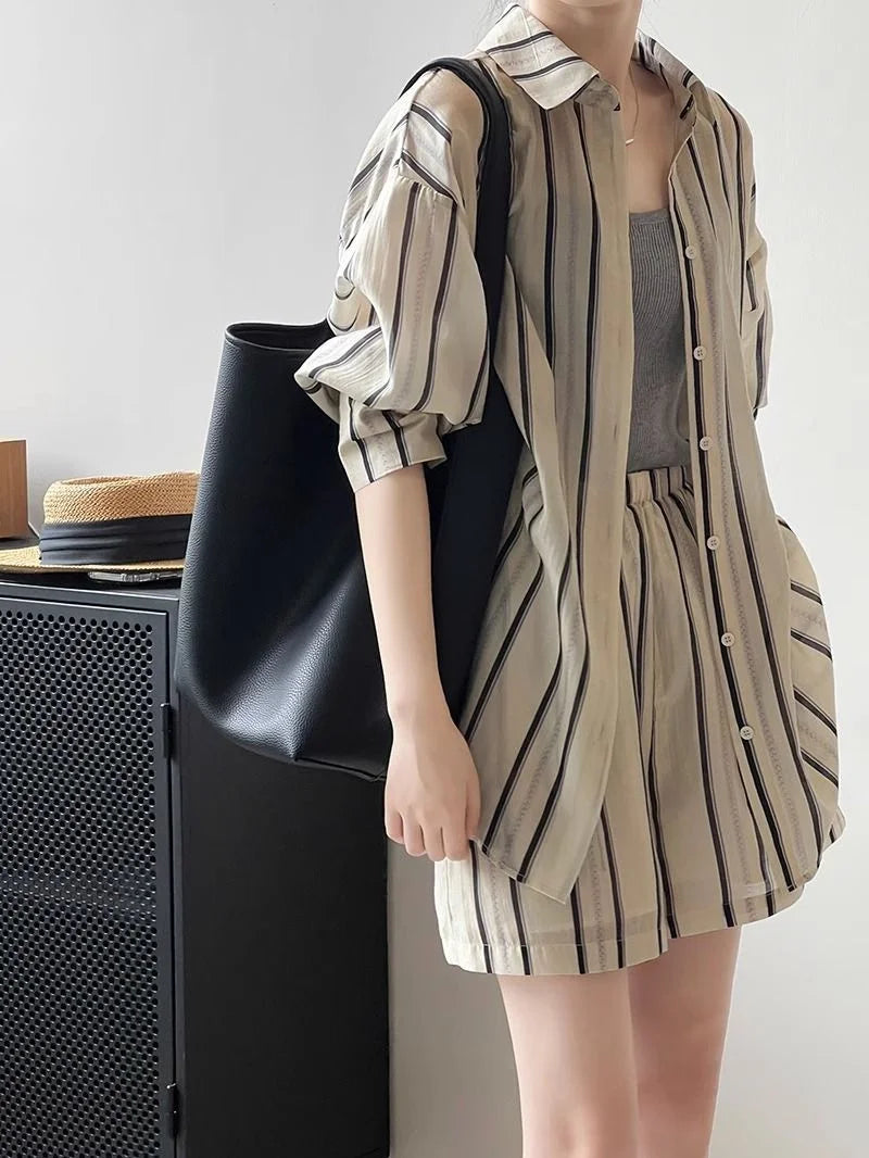 Striped Shirt Shorts And Suits Sun Protection cClothing Casual Sports Suit Women's Summer Fashion Shorts Two-Piece Set Female