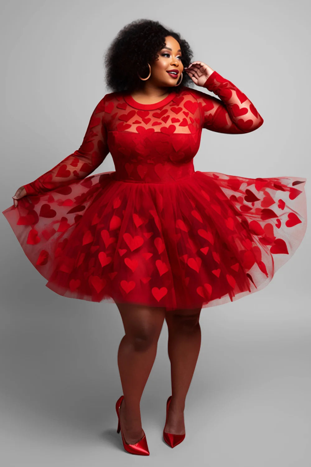Plus Size Cocktail Party Red Graphic Round Neck Long Sleeve See Through Tulle Mini Dresses