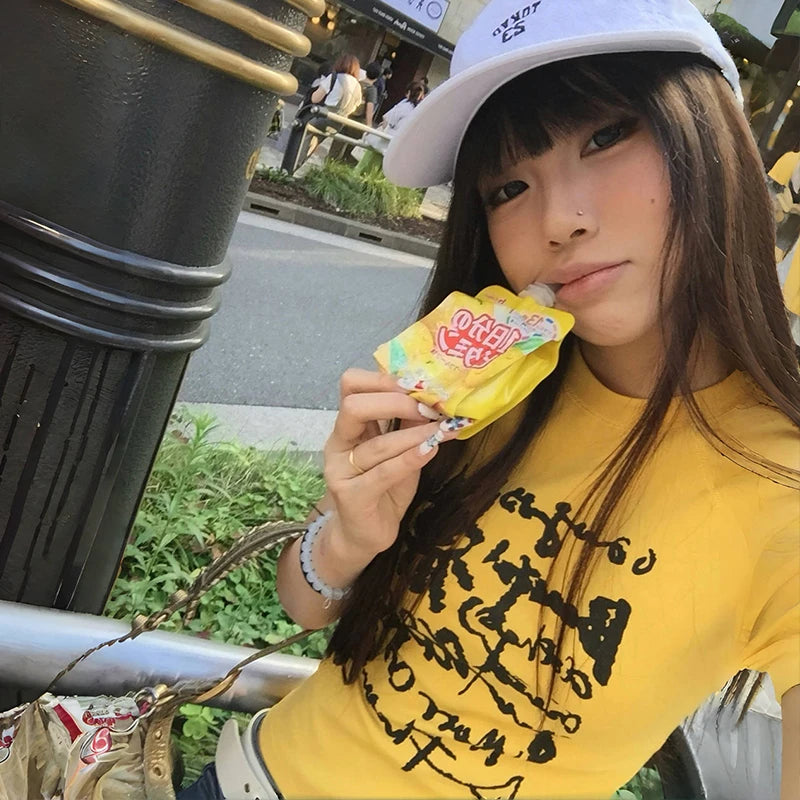 Karrram Japanese Y2k Letter Print T-shirt Vintage Harajuku Crop Top Trashy 2000s Style Short Sleeve Tee Shirt American Retro 90s