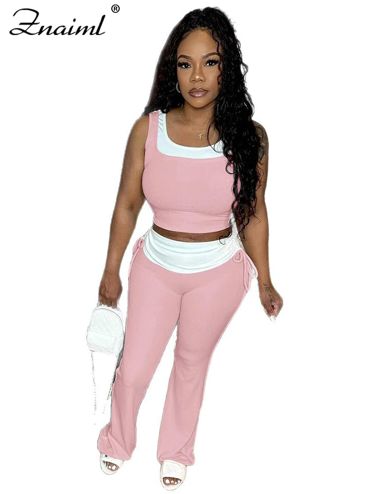 Znaiml Casual Sleeveless Tank Tops and Flare Pants Tracksuit Jogger 2025 New Fashion Sport 2 Pieces Set Woman Summer Outfits