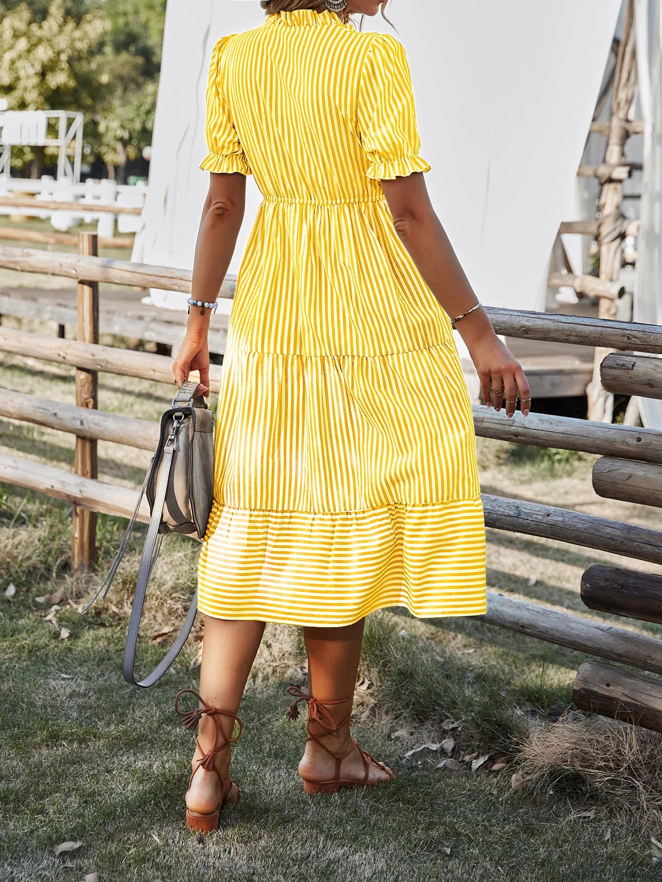 Summer Women's Striped Short Sleeve V-Neck Elastic Waist Dress