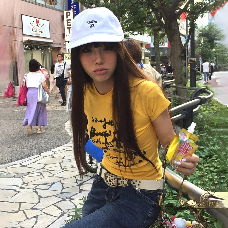 Karrram Japanese Y2k Letter Print T-shirt Vintage Harajuku Crop Top Trashy 2000s Style Short Sleeve Tee Shirt American Retro 90s
