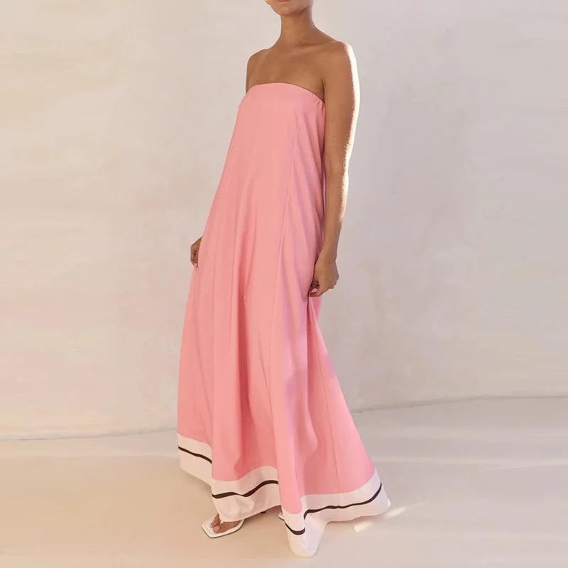 Casual Off Shoulder High Waist Loose Long Dress Backless Printed Holiday Women Dresses Summer Sexy Strapless Pleated Beach Dress