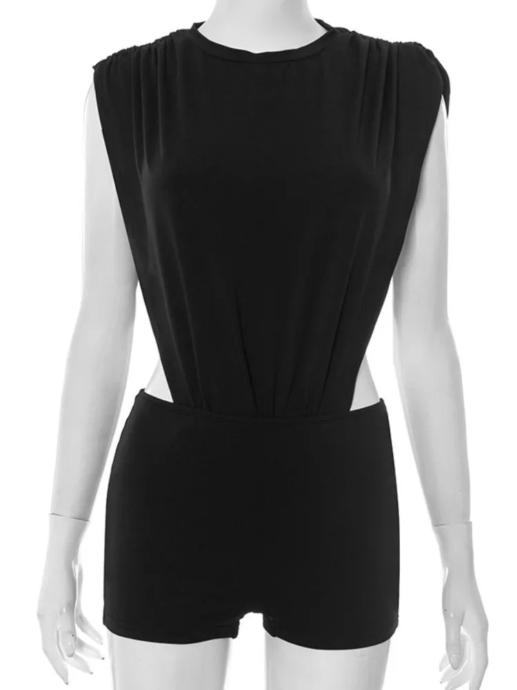 Joskaa 2025 Women's Black Two Piece Set Sexy Crew Neck Sleeveless Side Cutout Bodysuits and Bodycon Shorts Suits Y2K Streetwear