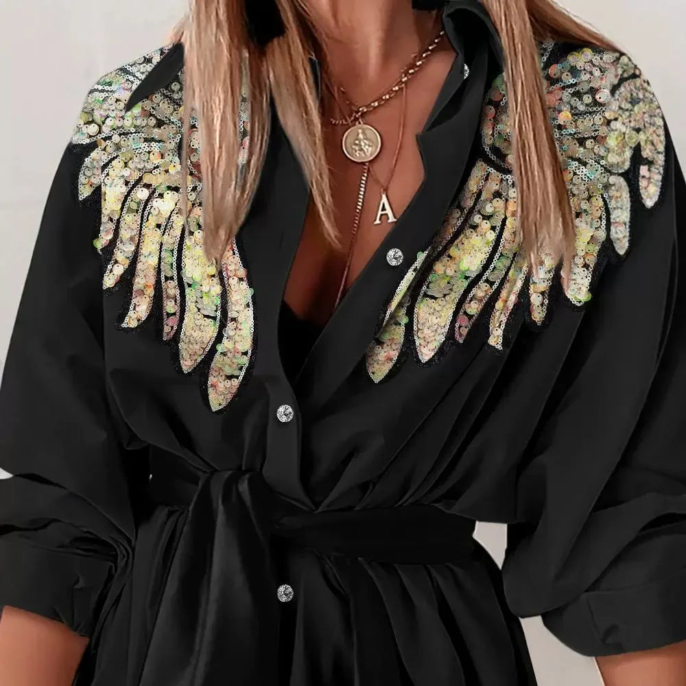 FashionDress Women Sexy New 2024 Autumn Winter Casual Sequin Wings Pattern Turn-Down Collar Tied Detail Elegant Shirt Dresses