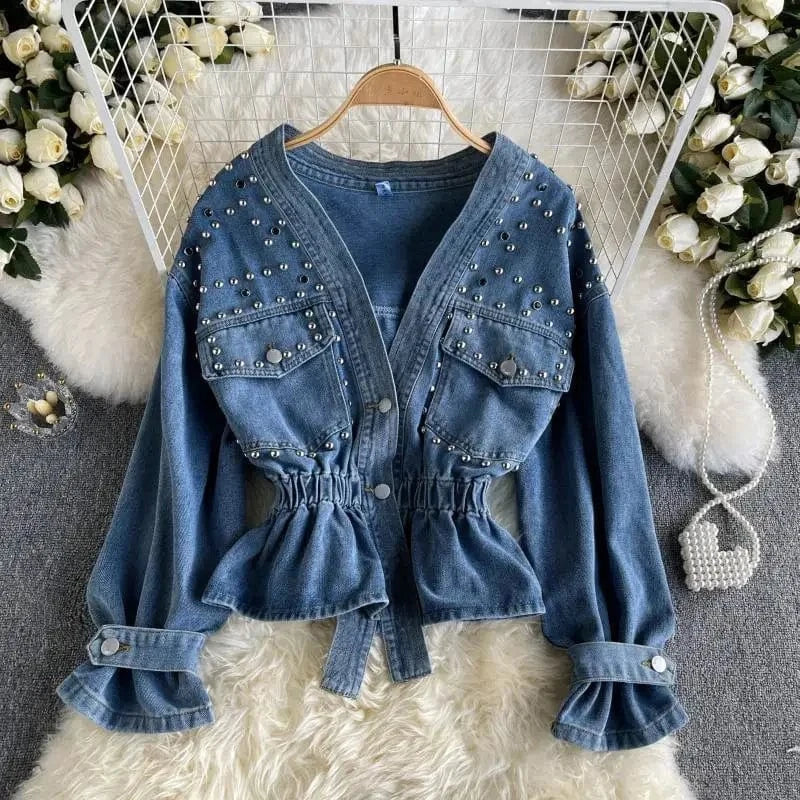 French denim jacket women's new heavy-duty diamond-studded beaded loose short long-sleeved jacket in spring and autumn