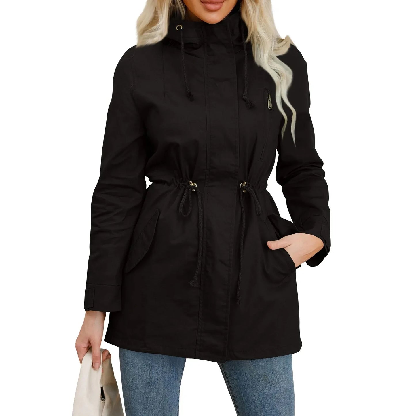 Women's Hooded Trench Coat Spring Autumn Fitted Solid Color Jacket for Daily Outdoor Camping Hiking